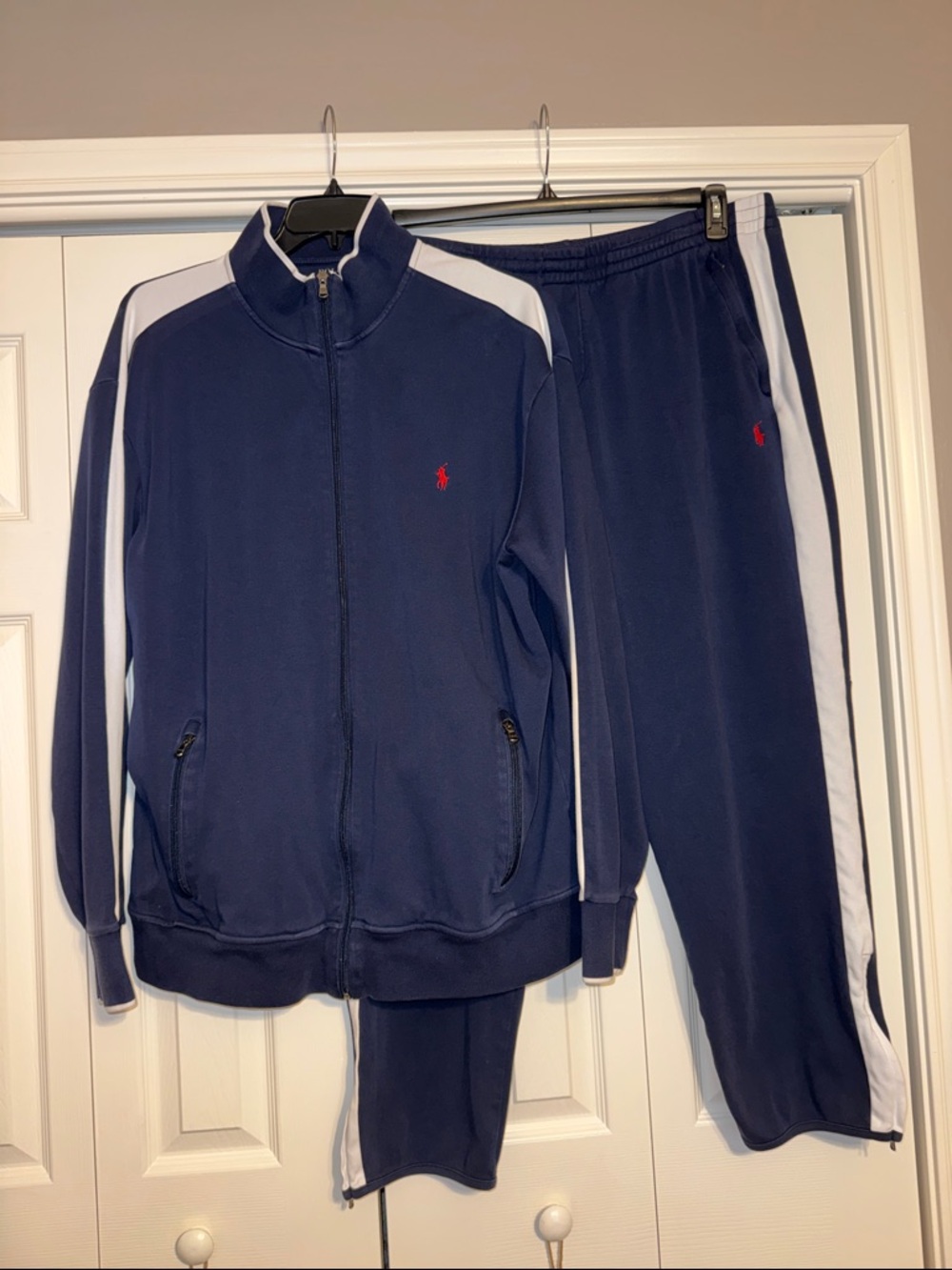 Ralph Lauren Navy Track Jacket with White Shoulder Stripes and Red Polo Logo